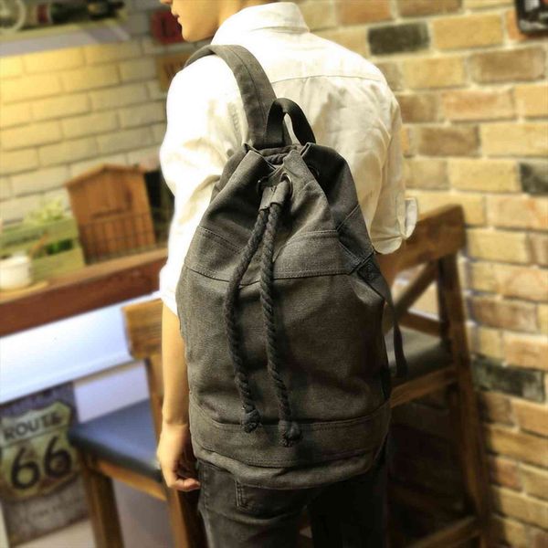 

mens backpack large capacity men drawstring canvas bucket bag fashionable concise school male schoolbag