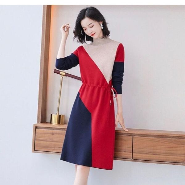 

casual dresses 2021 autumn winter women sweater dress vintage fashion turtleneck long sleeve knitted female plus size y282, Black;gray