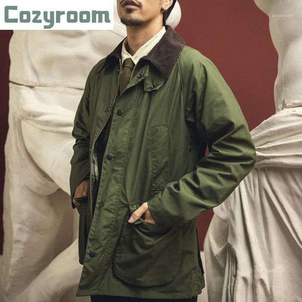 

cozyroom vintage non wax jacket raglan men's casual cotton trench coat green coats, Tan;black