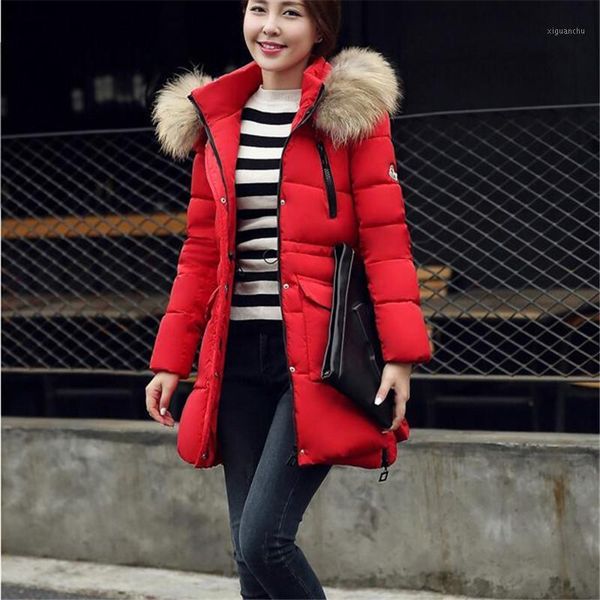

2018 new winter women ladies loose cotton younger long down jacket with thick fur collar cotton parks for women long warm coat1, Black