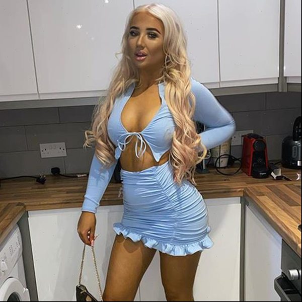 

ruffles ruched two pieces set women long sleep and skirt matching set 2021 autumn 2 piece set clothing new, Gray