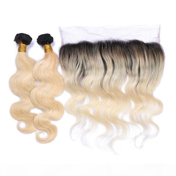 

9a brazilian 1b 613 blonde ombre human hair with frontals 4pcs lot body wave 3bundles ombre hair with 13x4 lace frontal closure, Black