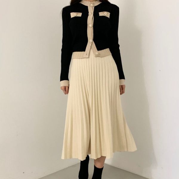 

2021 autumn winter new lady suit female sweet knitted cardigan sweater dress thick women sets clothing two piece outfits 4abm, White