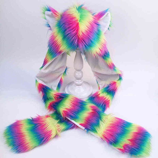 

winter fur imitation animal hat scarf gloves one ball 5 color striped 211207, Black