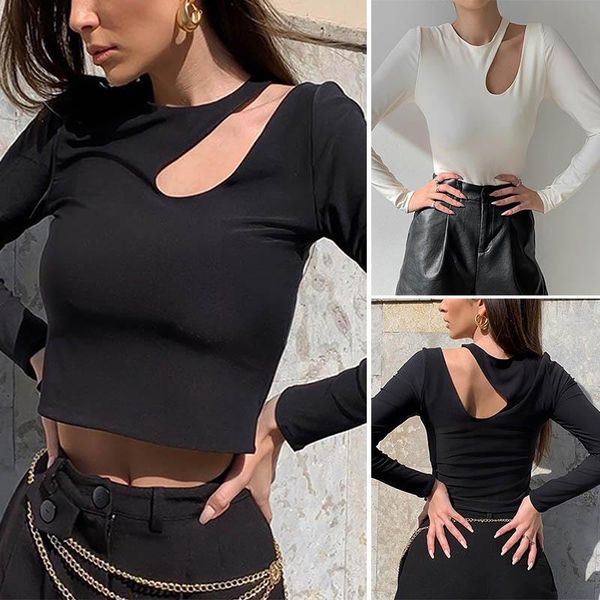 

women's t-shirt hole skinny crop for women round neck long sleeve t shirts autumn clubwear pullover, White