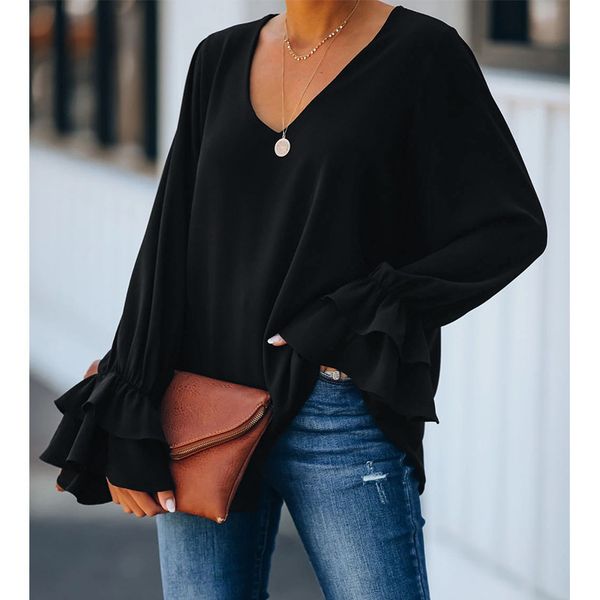 

2021 women's casual loose solid color v-neck long sleeve t-shirt women, Black;red