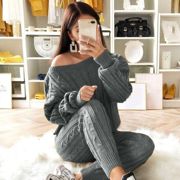 

women's two piece pants fashion women sets knitted sportswear warm 2 set casual solid color sweater and long, White