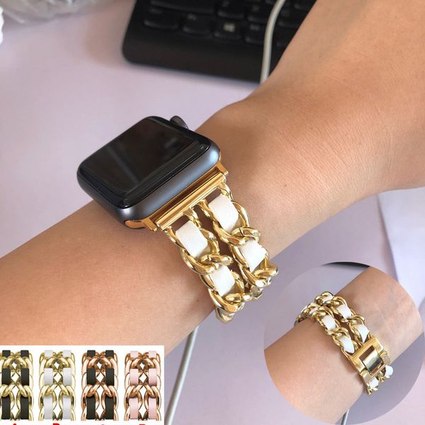 

luxury women smart watch leather metal chain strap for apple bands i watch series 6 5 4 3 38 40 42 44mm watch band belt adjust buckle