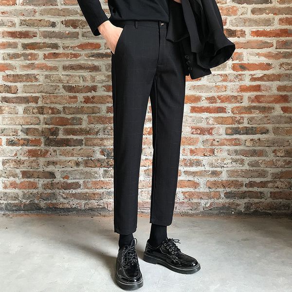 

men's pants western-style trousers lattice printing casual business design cotton slim fit homme 4 color suit ehwc, Black