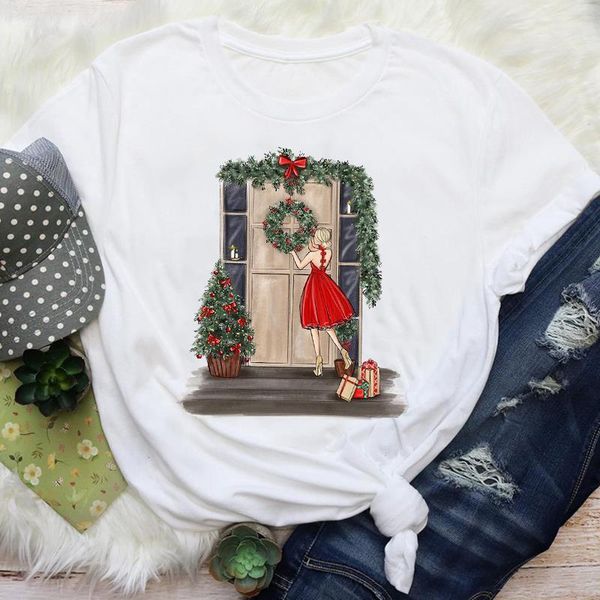 

women cartoon happy time holiday short sleeve merry christmas graphic tees clothes print lady female t shirt t-shirt, White