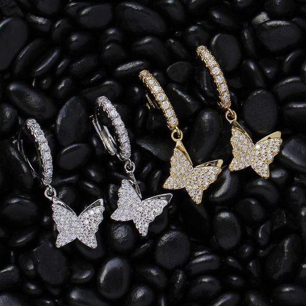 

dangle & chandelier butterfly brass earrings bling iced out zircon drop hip hop fashion jewelry for party e017, Silver