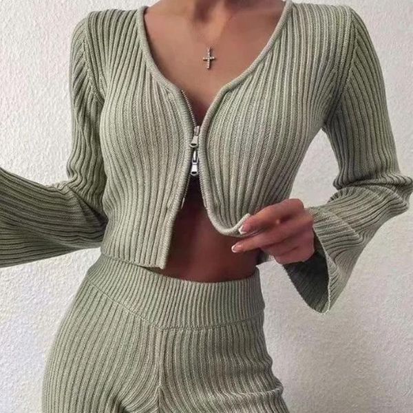 

heydress women's long sleeve knitted set double zipper knitted cropped + elastic high waist wide leg pants outfits for women, White