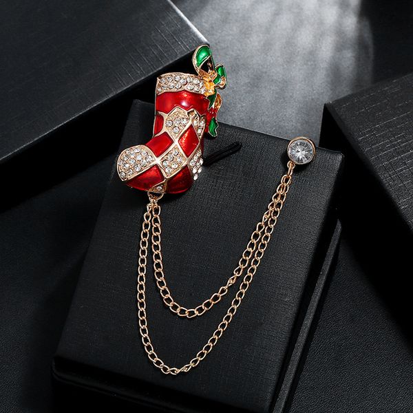 

ornaments cartoon oil dripping diamond christmas boots double chain collar brooch, Gray