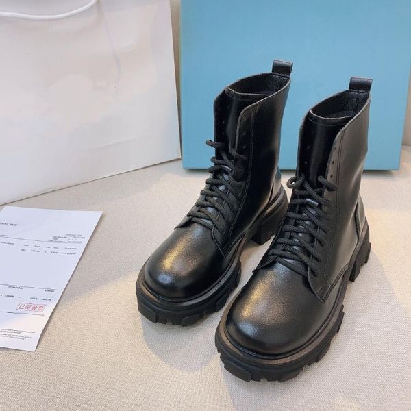 

boots high version leather thick soled heel short boots, motorcycle comfortable and fashionable, Black
