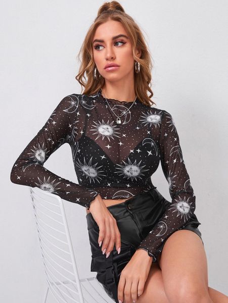 

sun & moon sheer mesh crop k0nj#, White