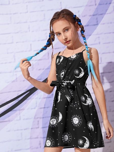 

girls sun & moon print half button belted cami dress she, Red;yellow