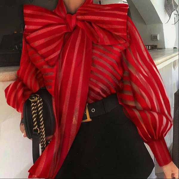 

fashion women see through shirts sheer mesh striped blouse long puff sleeve shirt elegant bow female blusas ol work formal, White