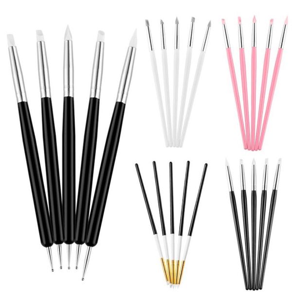 

nail brushes 5pcs/set art dotting painting tips manicure tools brush pen silicone sculpture emboss carving set dual ended, Yellow
