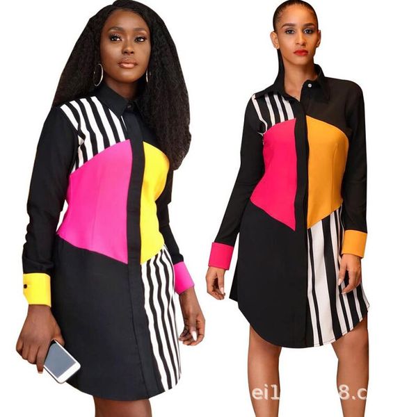

2021 european and american selling new women's striped stitching multicolor shirt stand-up collar single-breasted long-sleeved dress, Black;gray