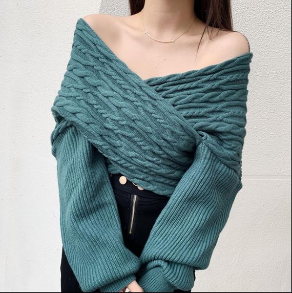 

women sweaters winter cross v neck women thick sweaters lady off the shouder sweater, White;black