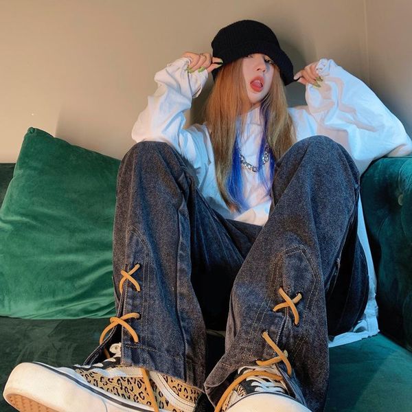 

women's jeans split design autumn high-waisted thin trend straight loose open pants woman vintage streetwear, Blue