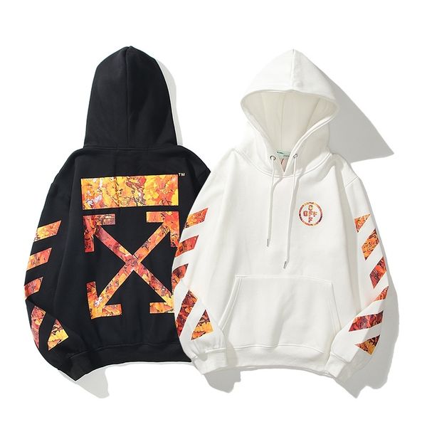 

20ssoff maple leaf arrow stripe men's and women's hip hop loose plush hoodie, Black