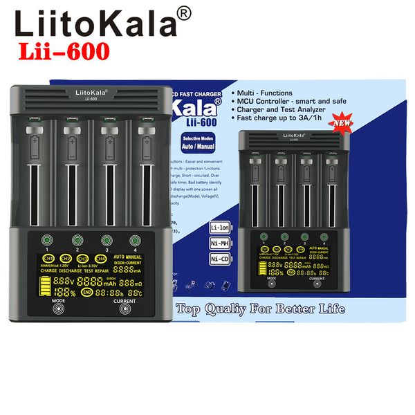 

smart charging liitokala lii-600 pack lcd 3.7v/1.2v aa/aaa 18650/26650/16340/14500/10440/18500 battery charger with screen+12v5a adapter