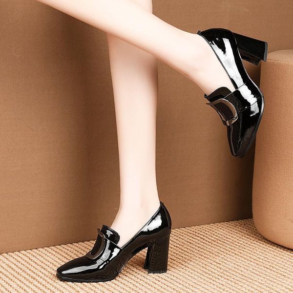 

dress shoes patent leather high heels woman work women pumps block heel square toes female deep footwear black wine-red