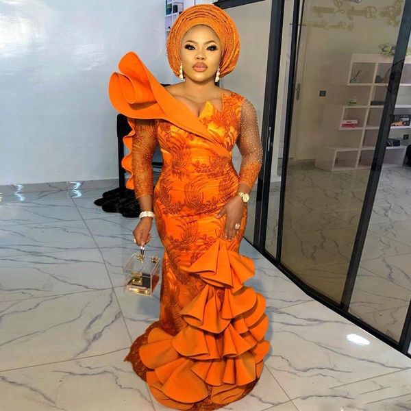 

party dresses orange mermaid africa prom with long sleeve lace appliques beaded evening gown ruffles special occasion dress, White;black