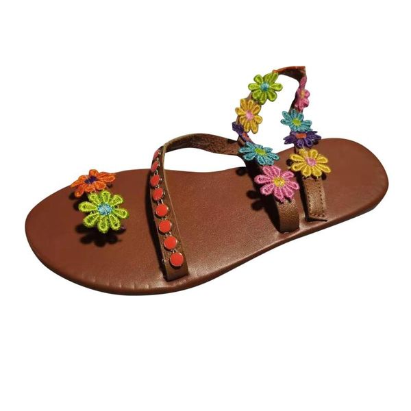 

sandals summer shoes woman flower gladiator breathable printing round toe flat bohemian casual beach for, Black