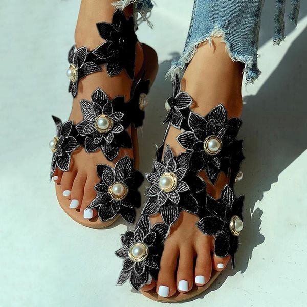 

women's sandals with black floral design summer bohemian beach casual ladies shoes flat for woman 2021