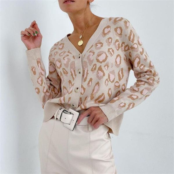 

women's knits & tees donsignet leopard print woolen cardigan women 2021 long sleeve v-neck womens sweater, White