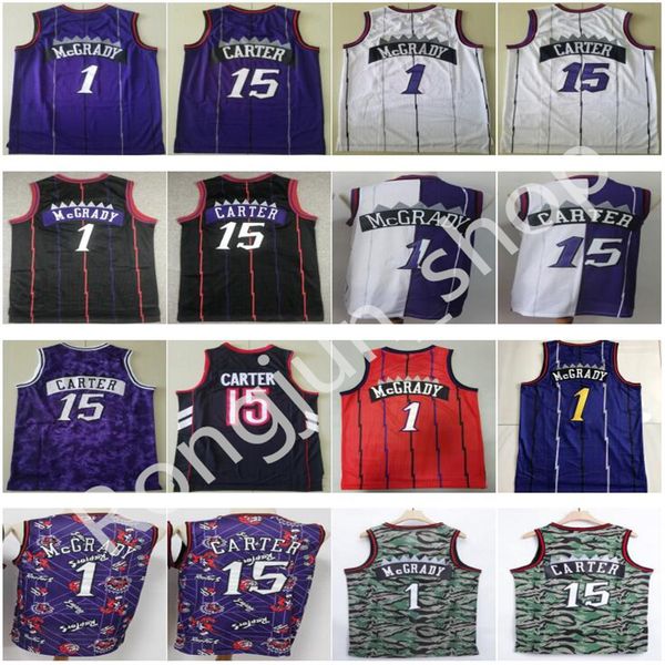 Retro vintage basquete 15 vince 1 tracy carter mcgrady jerseys roxo branco vermelho dois cor preto camo shorts homem atacado