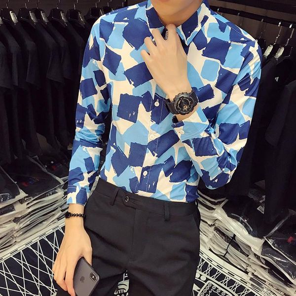 

men's casual shirts autumn spring mens floral blouses colored squares printed long sleeved slim shirt camisas de hombre, White;black