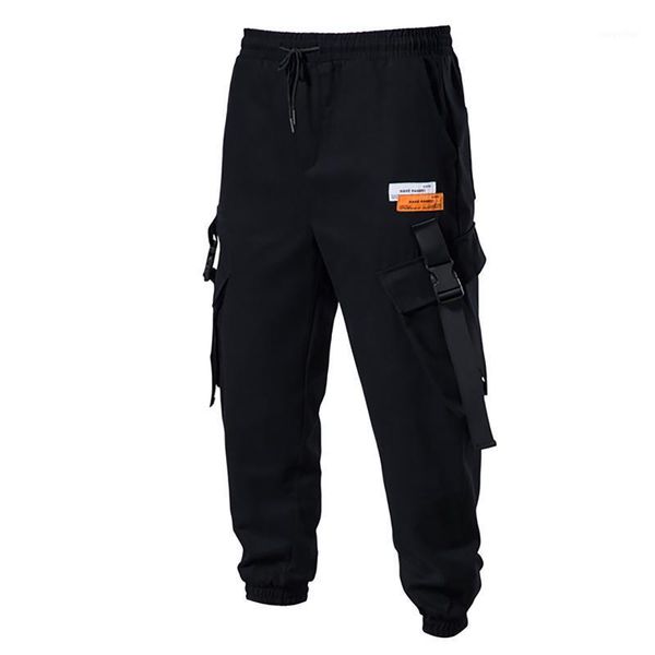 

ribbons black hip hop casual male joggers trousers fashion streetwear pants men's side pockets cargo harem 2021#3