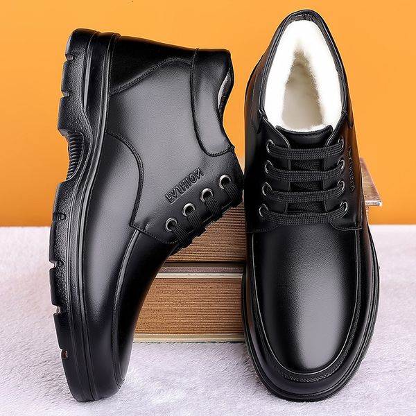 

winter cotton shoes men's plush thickened wool warm lace up dad's leather net red live broadcast, Black