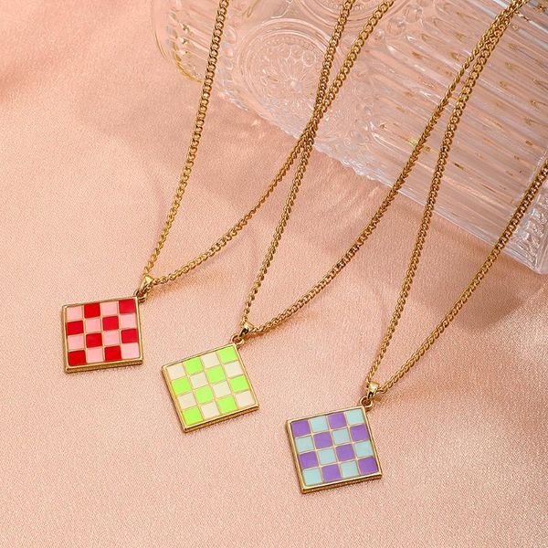 

pendant necklaces ins cute oil drop colorful checkerboard necklace simple square round geometric for women girls fashion jewelry, Silver