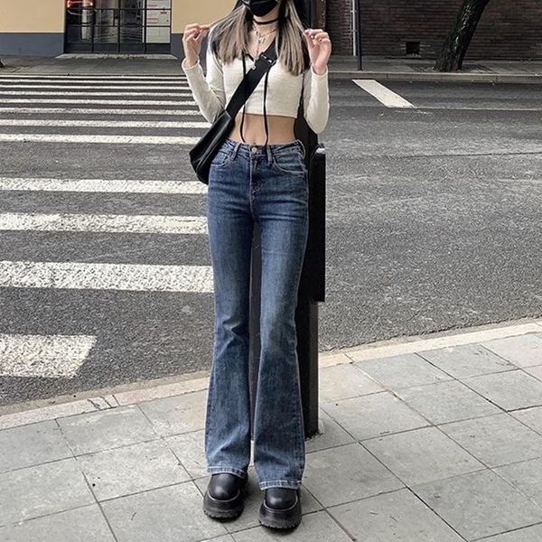 

women's jeans 2021 high waist vintage trumpet female lady streetwear fashion elastic slim denim flare boot cut pants for women, Blue