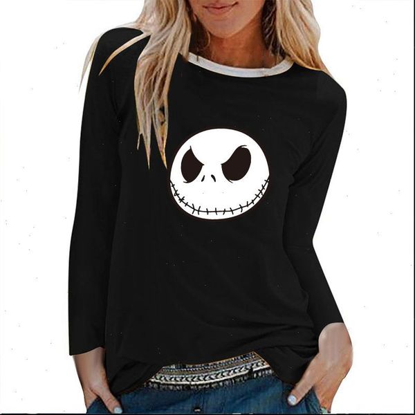 

halloween nightmare series printing long sleeve women autumn winter 2021 graphic tees vogue white o neck for teens