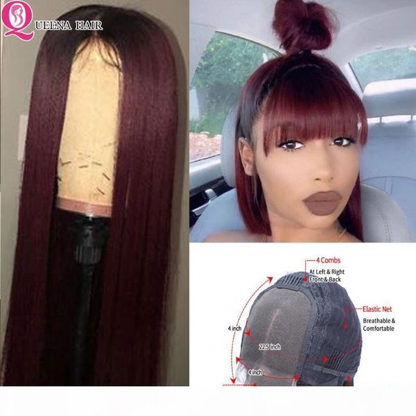 

straight closure wig ombre human hair wig with bang 4*4 lace closure remy 1b 99j burgundy brazilian wigs for black women 180, Black;brown