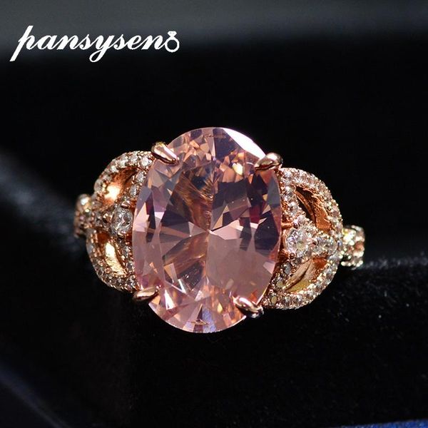 

cluster rings pansysen romantic 10ct morganite diamond wedding party for women solid 925 sterling silver natural stone fine jewelry ring, Golden;silver