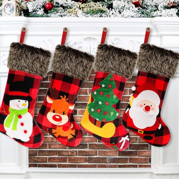 

christmas stockings,burlap plaid style with santa snowman reindeer and xmas tree, plush faux fur cuff stockings
