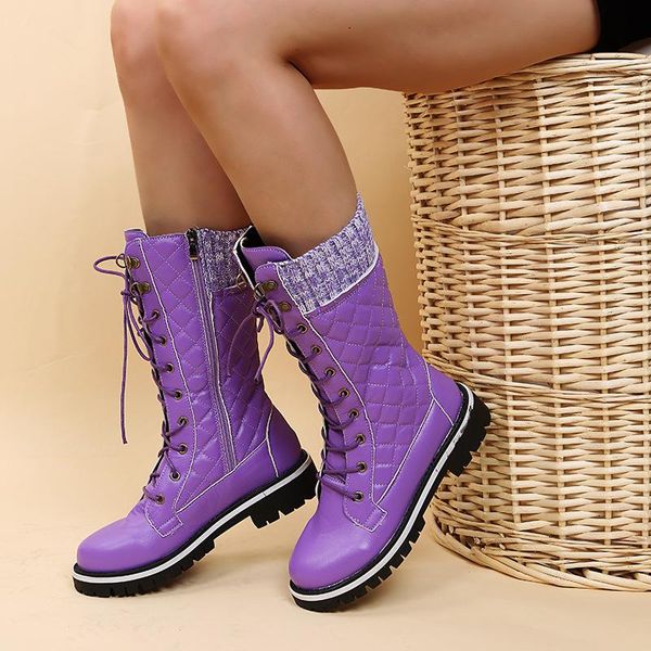 

boots winter size 43 women shoes fashion casual middle tube square heel side zipper leather trend plush warm snow, Black
