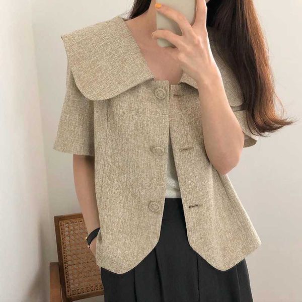 Temperamento Retro Khaki de Manga Curta Grande Jaqueta de Lapela Mulheres Verão Casual Loose Sello Tops Crop Coat Moda Coreano 210610