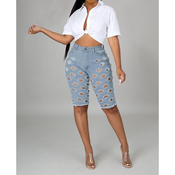 

women's pants & capris denim half jeans women 2021 fashion summer high waist casual pocket hole tassel short blue feminino streetwear s, Black;white