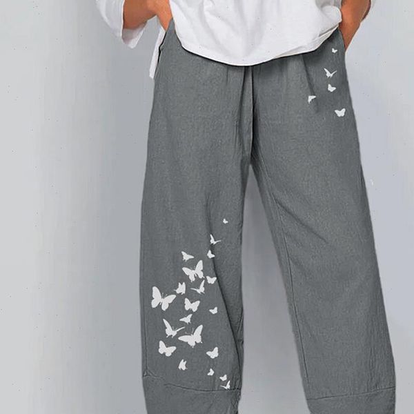 

vintage casual print elastic waist women pant linen wide leg trousers summer plus size loose comfortable leggings, Black;white