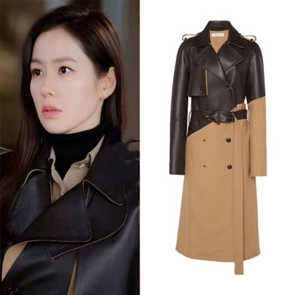 

women's trench coats big brand heavy crafts contrast color stitching leather ladies windbreaker jacket 2021 clothing winter fashion coa, Tan;black