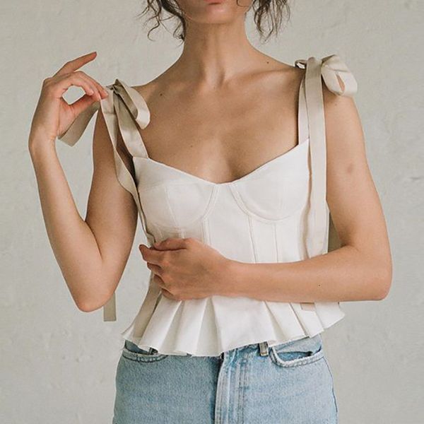 

new women summer spaghetti strap pleated white lace up blouses 2021 street female girls sleeveless blouse b2h5