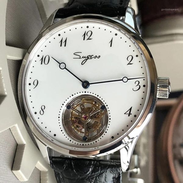 

wristwatches mechanical watch sugess tourbillon movement seagull st8230 for men waterproof arabic number enamel dial leather strap, Slivery;brown