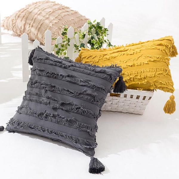 

cushion/decorative pillow four-corner fringed cotton and linen cut flowers american country pillowcase simple solid color